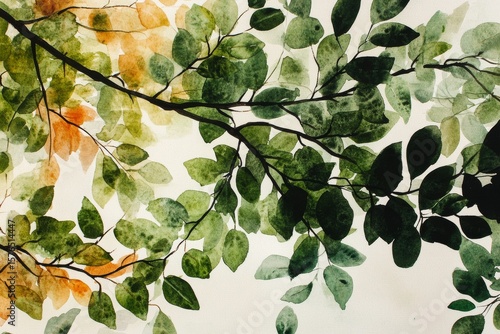 Colorful Watercolor Leaves Create a Natural Artwork in a Serene Setting