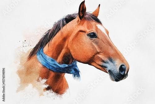 Brown Horse With Blue Scarf Staring Proudly Against a White Background