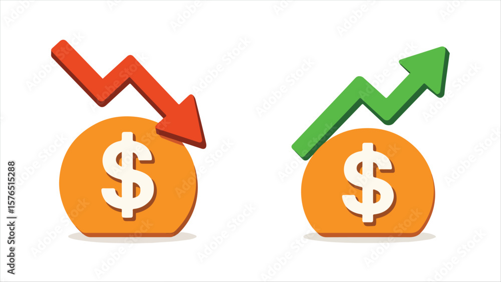 Obraz premium Profit and Loss Dollar Icons – Financial Growth and Decline Arrows for Business Investment, Market Trend, and Economic Analysis Concepts