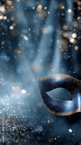 Sparkling Blue Mask Lying on a Shimmering Surface With Soft Lights in the Bac...