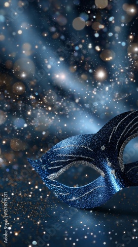Decorative Blue Mask Surrounded by Sparkles on a Festive Evening
