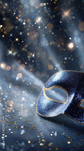 Decorative Blue Mask Surrounded by Sparkles on a Festive Evening