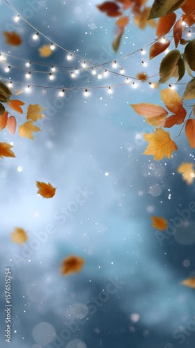 Fall Leaves and Twinkling Lights Enhance Autumn Atmosphere in Serene Setting