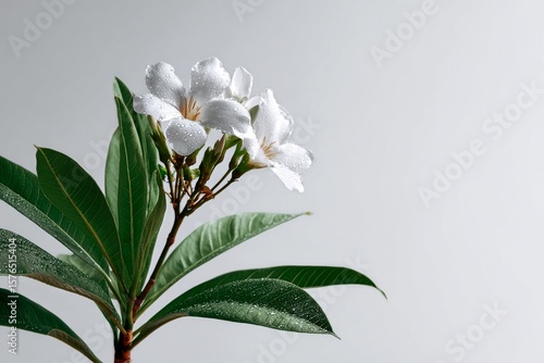 Delicate White Flowers With Green Leaves Arranged on a Subtle Grey Background