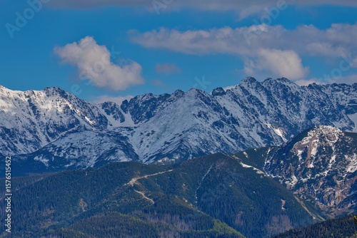 Snowy mountain peaks beneath soft clouds and clear blue sky; forested slopes and winding paths complete the alpine serenity.