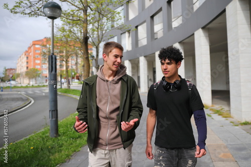 Two teenager boy walking, race diversity, students portrait