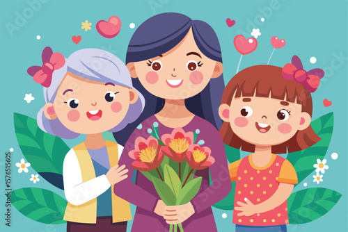 Illustration of a joyful family with a mother and two children, sharing love and happiness. They are holding a bouquet of flowers against a cheerful background with hearts and leaves.
