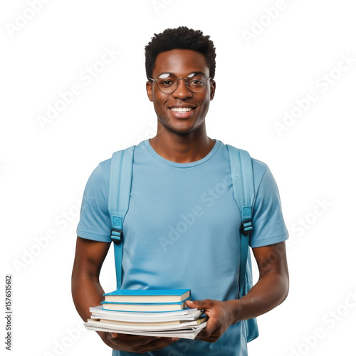 A smiling african american student with books and a backpack poses for a portrait, isolated on transparent background