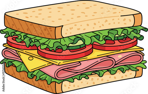 Delicious Cartoon Ham and Cheese Sandwich with Lettuce, Tomato, and Cucumber, Perfect for Lunch, Snacks, or Food Illustration