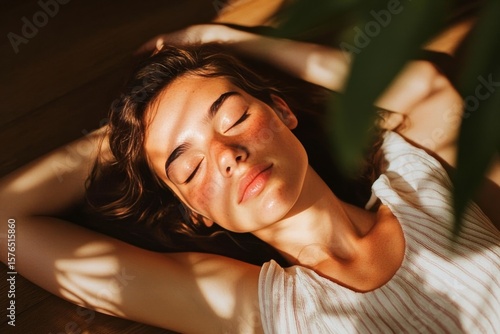 Sun-kissed Woman Enjoys Relaxation Under Natural Light in a Serene Indoor Set...