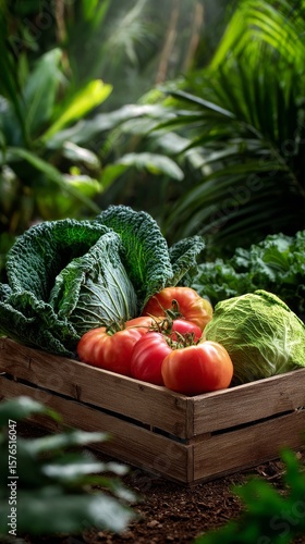 Fresh Vegetables in a Rustic Wooden Crate Surrounded by Lush Greenery in a Ga...
