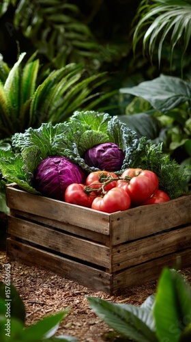 Fresh Vegetables in a Rustic Wooden Crate Surrounded by Lush Greenery in a Ga...