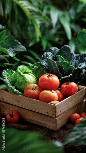 Fresh Vegetables Harvested From the Garden Displayed in a Wooden Crate Surrou...