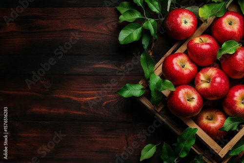 Freshly Harvested Red Apples Arranged in a Wooden Crate With Green Leaves on ...