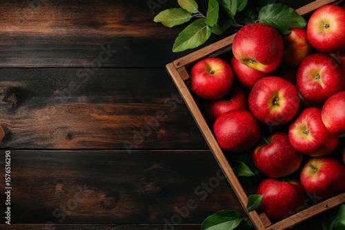 Freshly Harvested Red Apples Arranged in a Wooden Crate With Green Leaves on ...