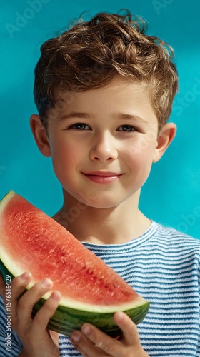 Smiling Boy Holding a Slice of Watermelon Against a Blue Background on a Sunn...