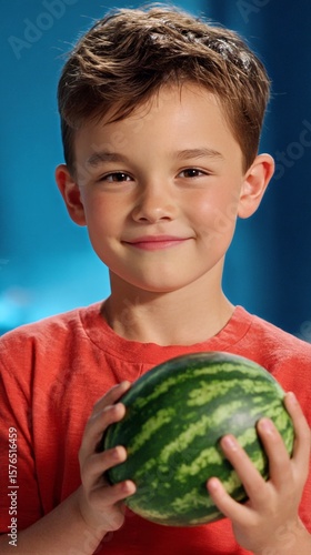 Young Boy Smiles While Holding a Watermelon in a Brightly Colored Environment
