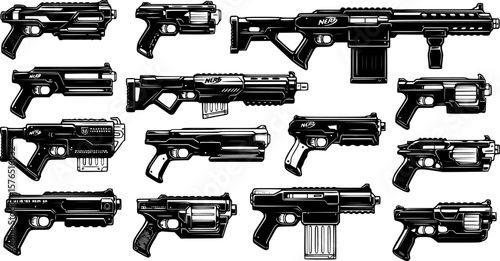 toy nerf gun silhouette, black and white silhouette, vector and illustration
