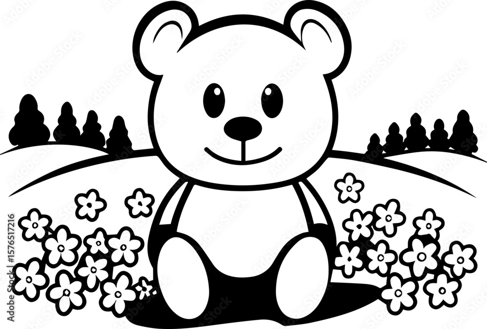 Fototapeta premium Cartoon bear with flowers illustration in SVG format.Cute Cartoon Bear Sitting in Flower Field with Trees