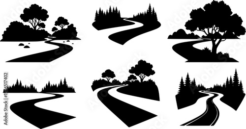 set of toy serene river curves with trees silhouette, black and white silhouette, vector and illustration
