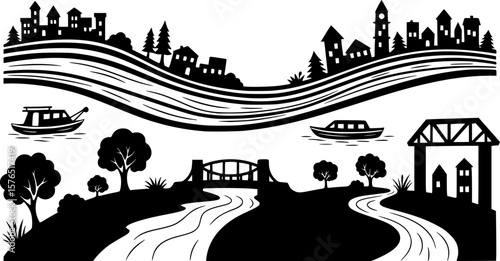 set of toy serene river curves with trees silhouette, black and white silhouette, vector and illustration
