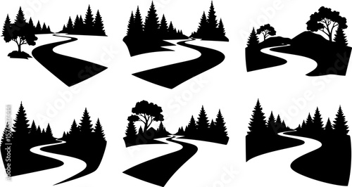 set of toy serene river curves with trees silhouette, black and white silhouette, vector and illustration
