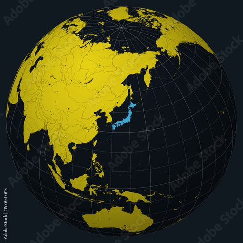 Japan on Globe. Country view on the world map in Charcoal Bright Yellow color palette. Japan shape on map. Globe with meridians, parallels, countries, rivers and lakes. Modern vector illustration.