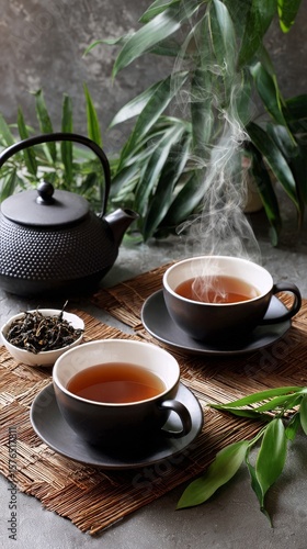 Warm Tea Brews in Traditional Cups With Steam Rising Amidst Lush Greenery in ...