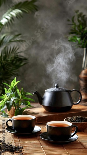 Steam Rises From Cups of Tea Placed Beside a Teapot and Greenery in a Cozy In...