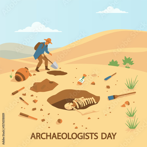 Archaeologists Day excavation landscape, vector art illustration.