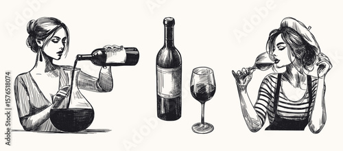 wine tasting ritual set isolated hand drawn sketch line art illustrations with woman pouring wine from bottle into decanter holds wine glass for wine culture design