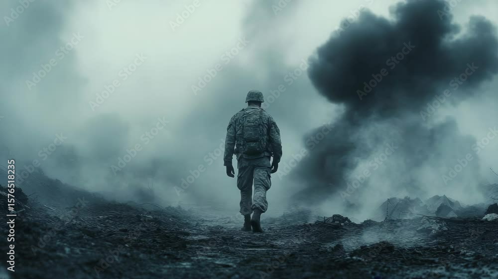 Soldier in uniform walks alone through a desolate, smoky battlefield, cinematic style, with dark, moody tones suggesting war and conflict aftermath Soldier in uniform walks alone through a desolate, smoky battlefield, cinematic style, with dark, moody tones suggesting war and conflict aftermath