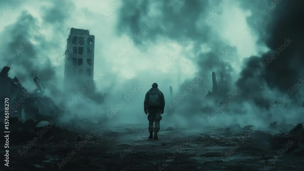 A lone soldier walks through a foggy, destroyed urban battlefield, dark cinematic style, with collapsed buildings in background, concept of war aftermath