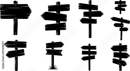 set of direction arrow wooden road sign board silhouette, black and white silhouette, vector and illustration
