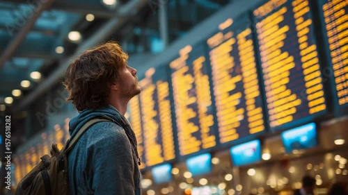 Traveler checks departure board for flight information in busy airport