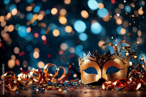 Festive Golden Mask Surrounded by Colorful Confetti and Streamers at a Celebr...