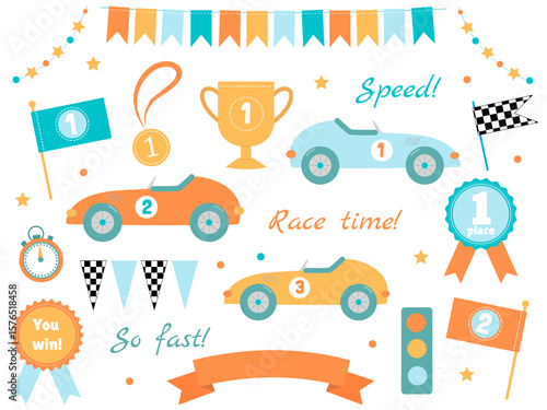 Bright and cute nabio for children with elements of racing, cars, flags and rewards