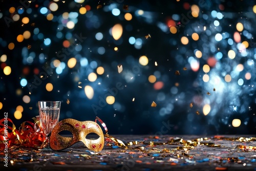 Festive Golden Mask Surrounded by Colorful Confetti and Streamers at a Celebr...