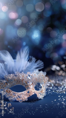 Decorative Mask With Feathers on a Shimmering Blue Background During a Festiv...