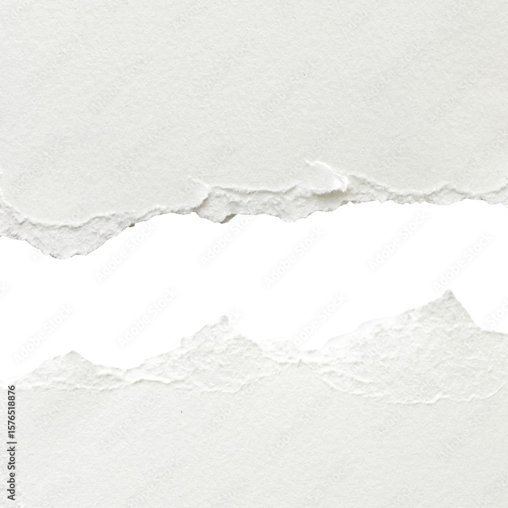 Obraz premium Torn white paper with a transparent background visible through the tear. The edges are jagged and uneven, creating a contrast 