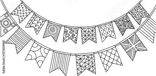 flags garland line art, black outline, vector and illustration, coloring book page line art drawing
