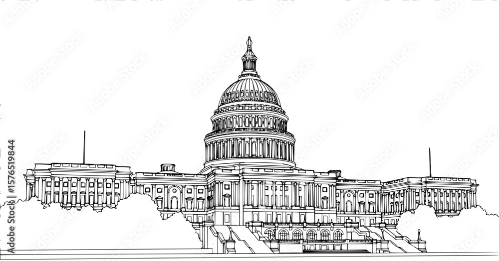 Obraz premium set of Washington capitol building line art, black outline, vector and illustration, coloring book page line art drawing 