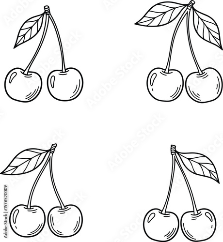 Four clusters of stylized cherries with leaves adorn a white background, perfect for patterns, designs, and creative projects with a vintage, hand-drawn appeal.