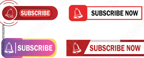 A collection of four subscribe buttons with bells and different colors and subscribe now text shown