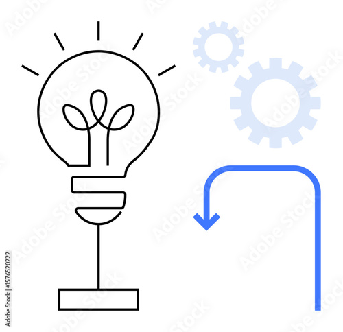 Light bulb with plant-thumbs up filaments, gears, and arrow outline representing idea growth and workflow. Ideal for innovation, efficiency, problem-solving, sustainability, teamwork, development