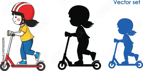 Illustration of a girl riding a scooter with helmet in color and silhouette form