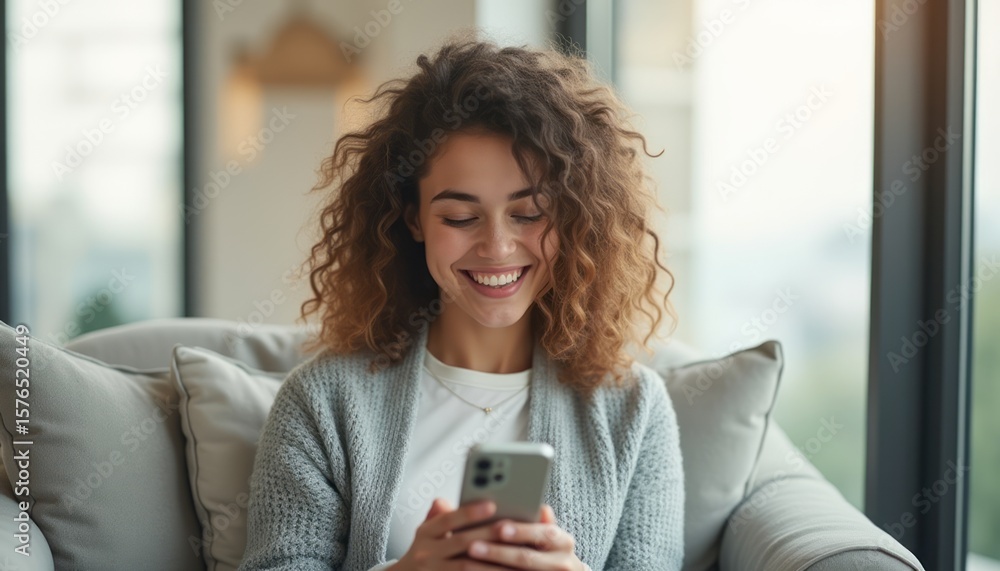 Smiling woman enjoying her smartphone in a cozy living room Smiling woman enjoying her smartphone in a cozy living room