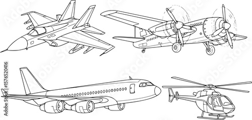 set of aircraft line art, black outline, vector and illustration, coloring book page line art drawing
