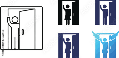Various stylized icons of a person entering a doorway with raised hand gesture