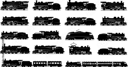 Set of Locomotive train silhouette, black and white silhouette, vector and illustration
